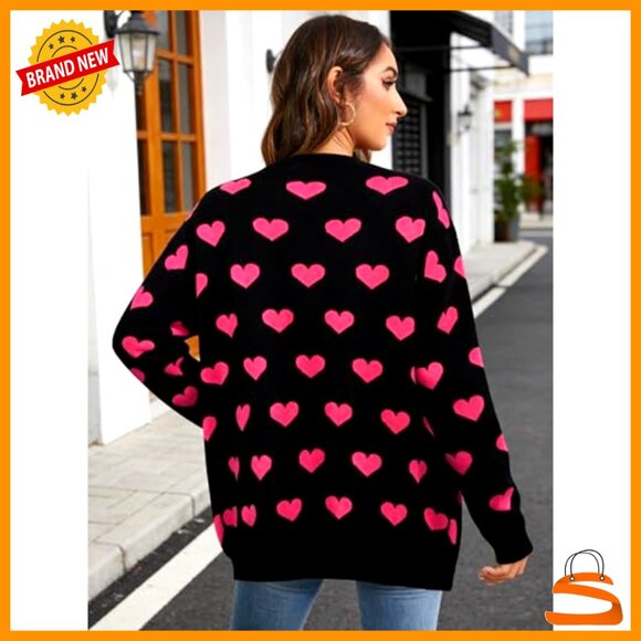 Heart Print Cardigan Open Front Knit Sweater with Pockets Valentine's Day Chic - Picture 5 of 7